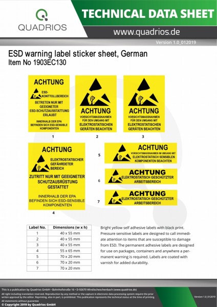 Aufkleber Bogen mit deutschen ESD Warnhinweisen